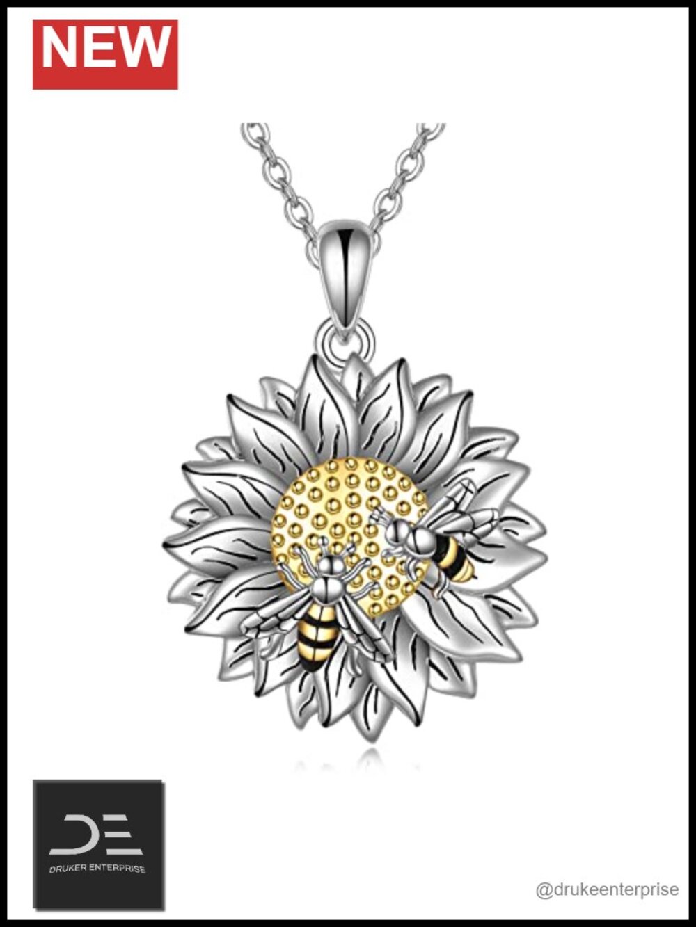 Sterling Silver Sunflower Pendant Necklace with Bee Charm